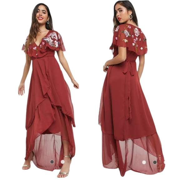 ASOS Dresses & Skirts - Asos Maxi Dress with Cape Back Dipped Hem Embroidered
